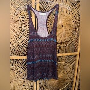 Sleeveless Patterned Racerback Tank Top - Plum with Teal Accents
